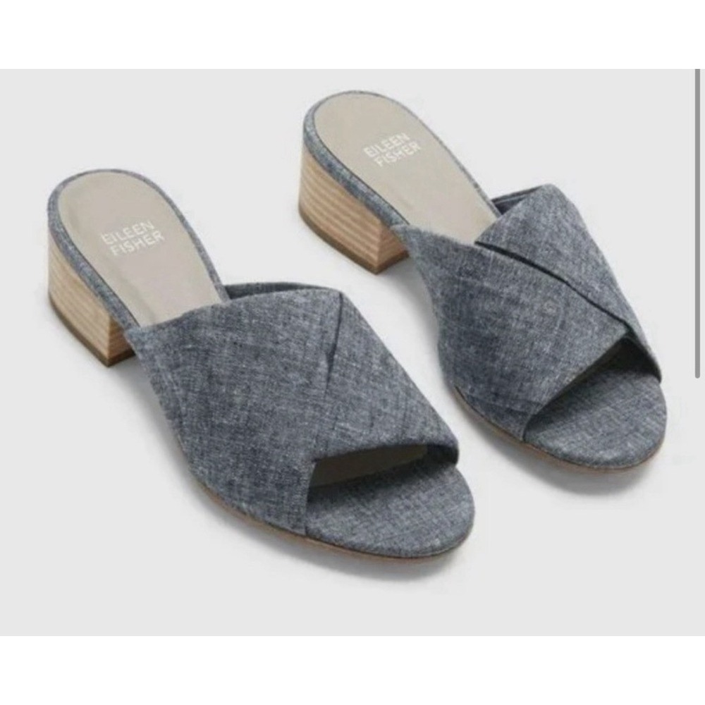 Eileen Fisher Ruche Mule Sandals Chambray Blue Denim Block Heel Comfort Size 8